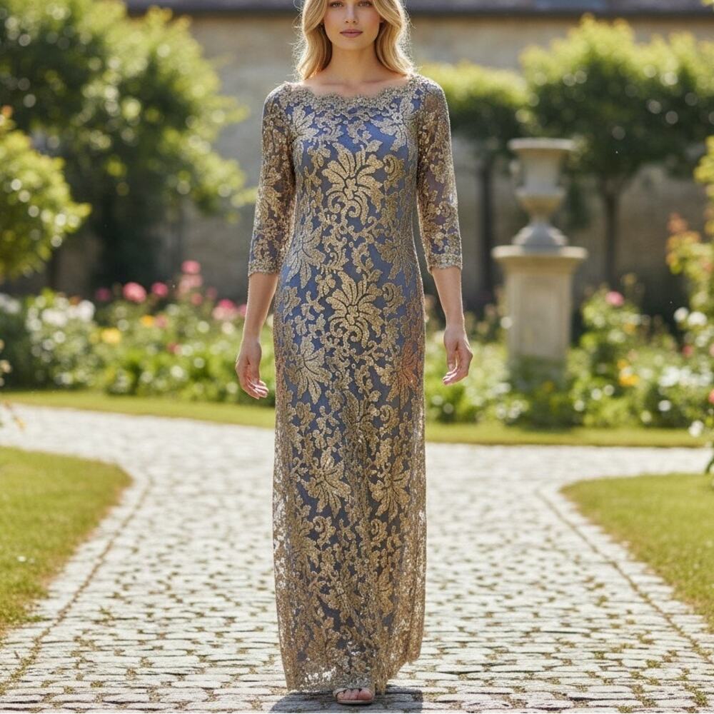 Tadashi Shoji Navy Gold Sequin Maxi Dress Sz6 Metallic Lace Overlay Formal Gown